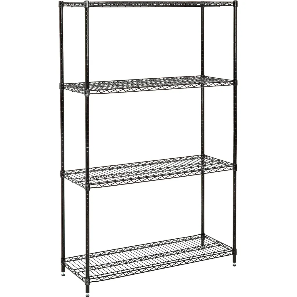 An empty black wire shelving unit with four shelves.
