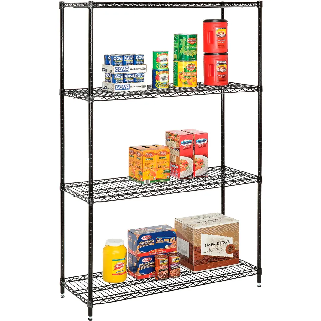 A black wire shelving unit with four shelves, holding various food items.