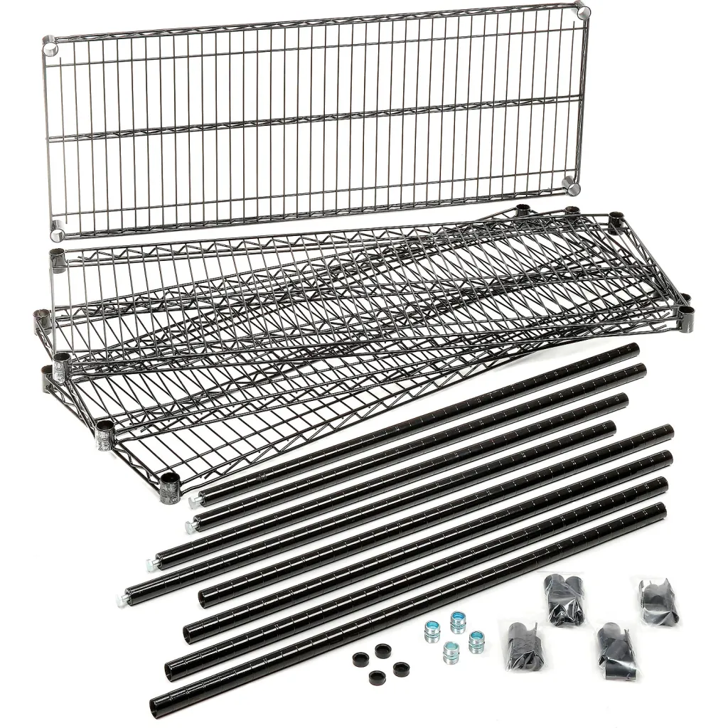 The components of a black wire shelving unit, including shelves, poles, and hardware.