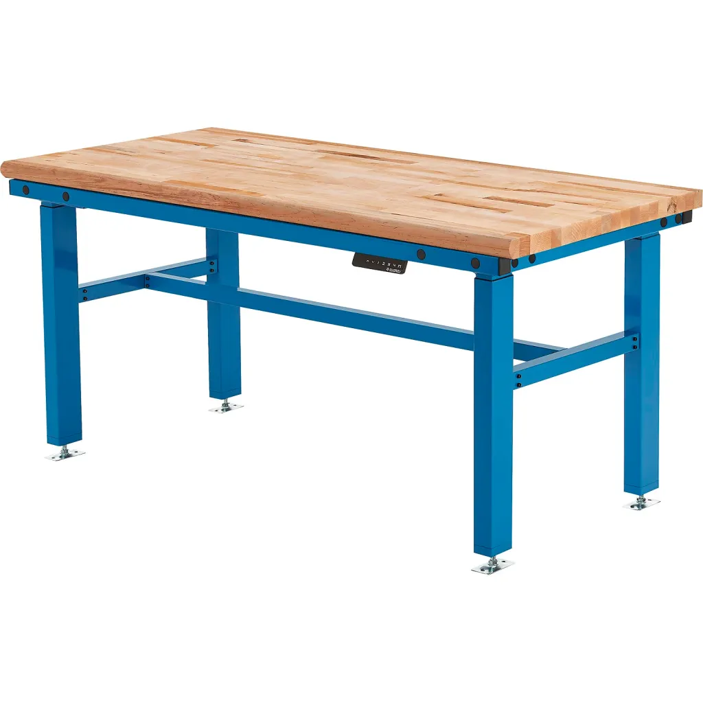 Blue metal and wood workbench