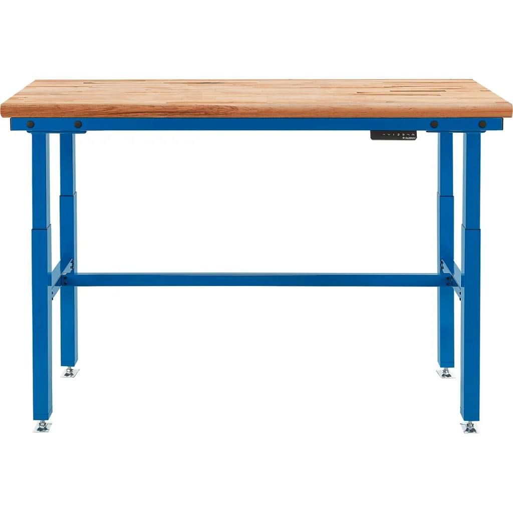 Blue metal and wood workbench from side