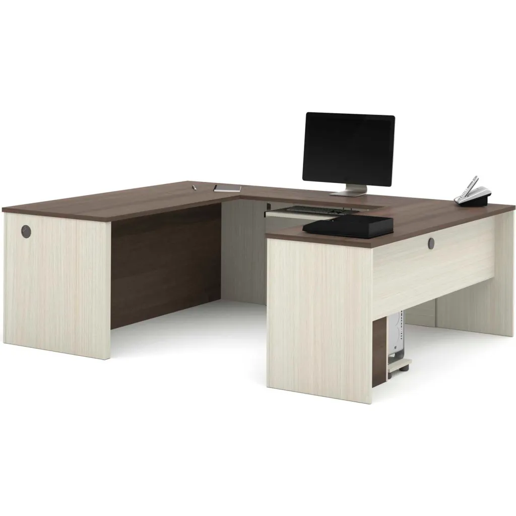 Diagram showing desk dimensions: overall length 92 3/8 inches, depth 29 3/4 inches and 23 3/8 inches, height 30 7/8 inches; includes L-shaped extension and drawers.