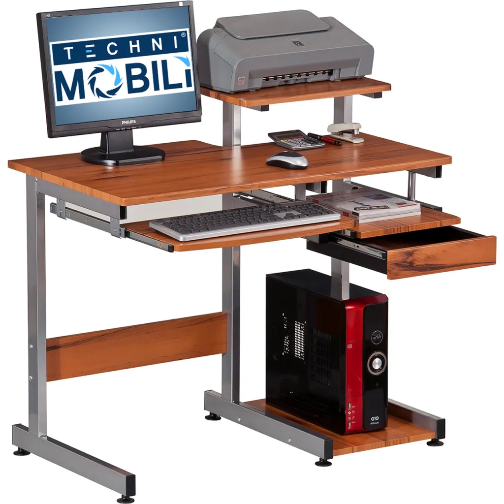 A Techni Mobil computer workstation with a monitor, printer, keyboard, and CPU.