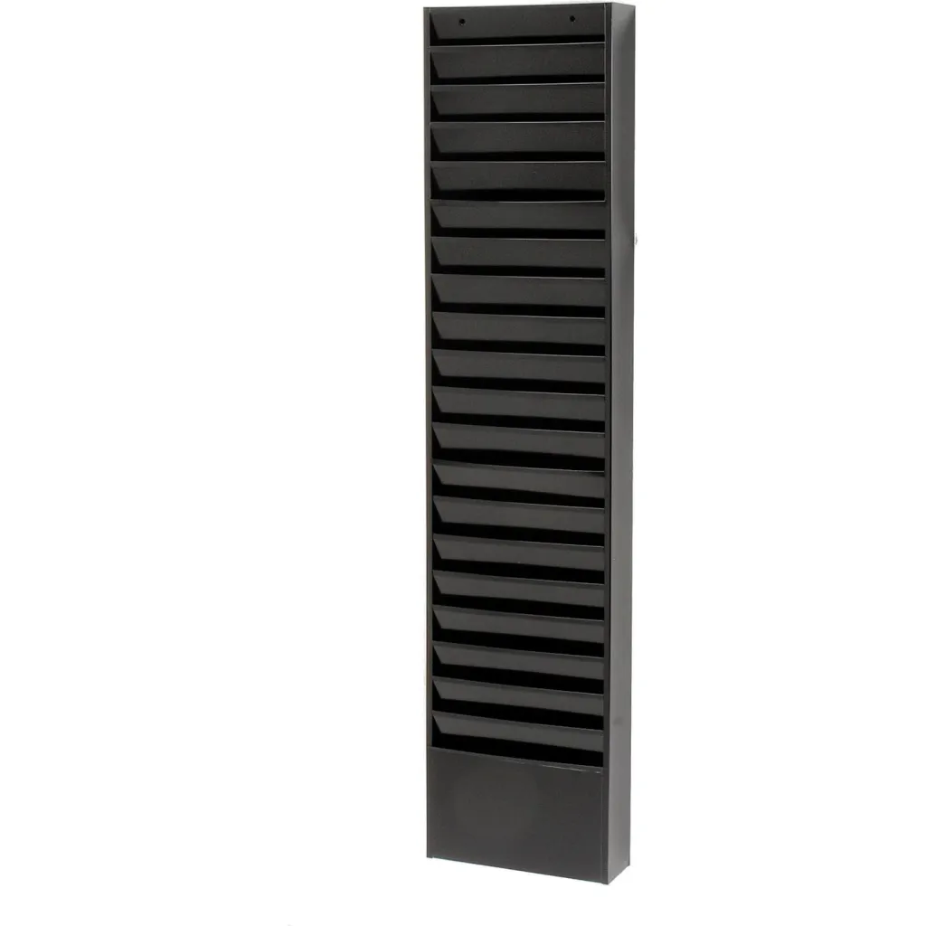 A black magazine rack with empty shelves.