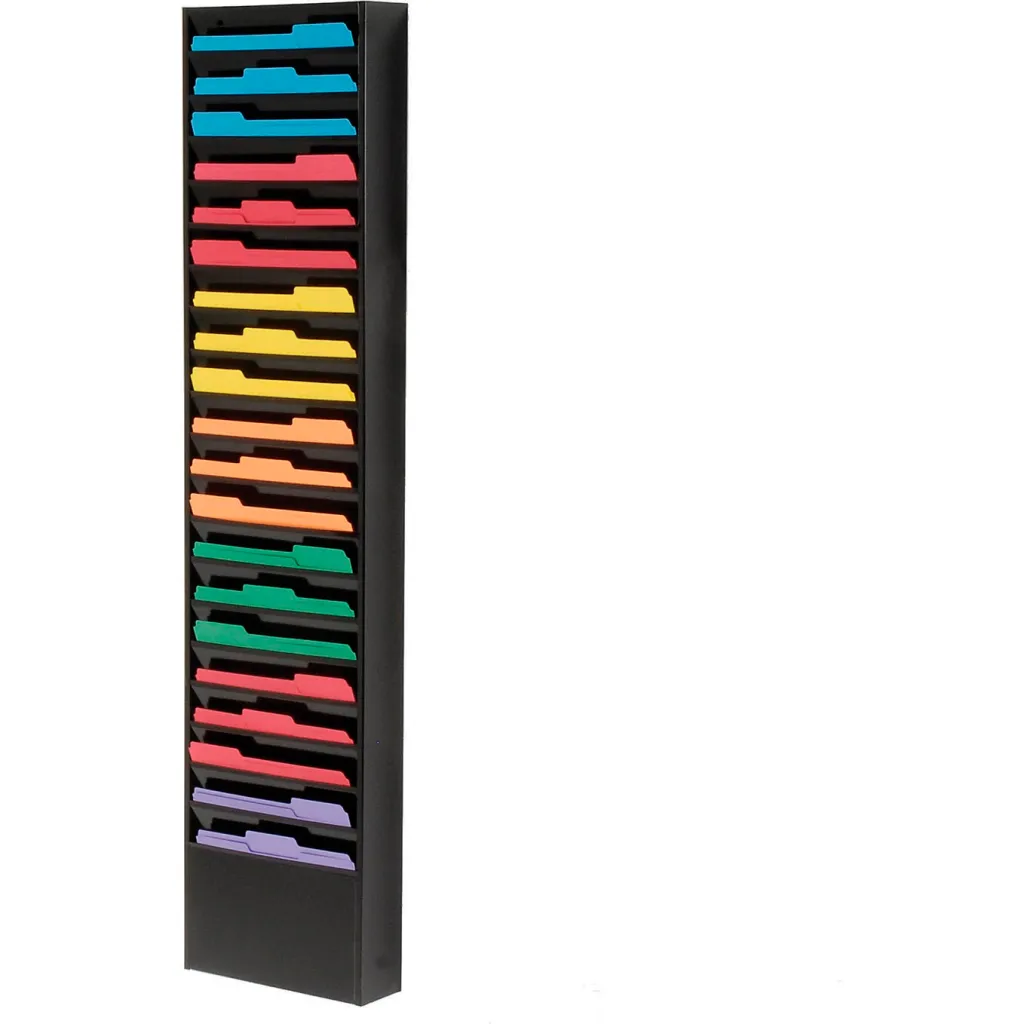 A black magazine rack with colorful file holders.