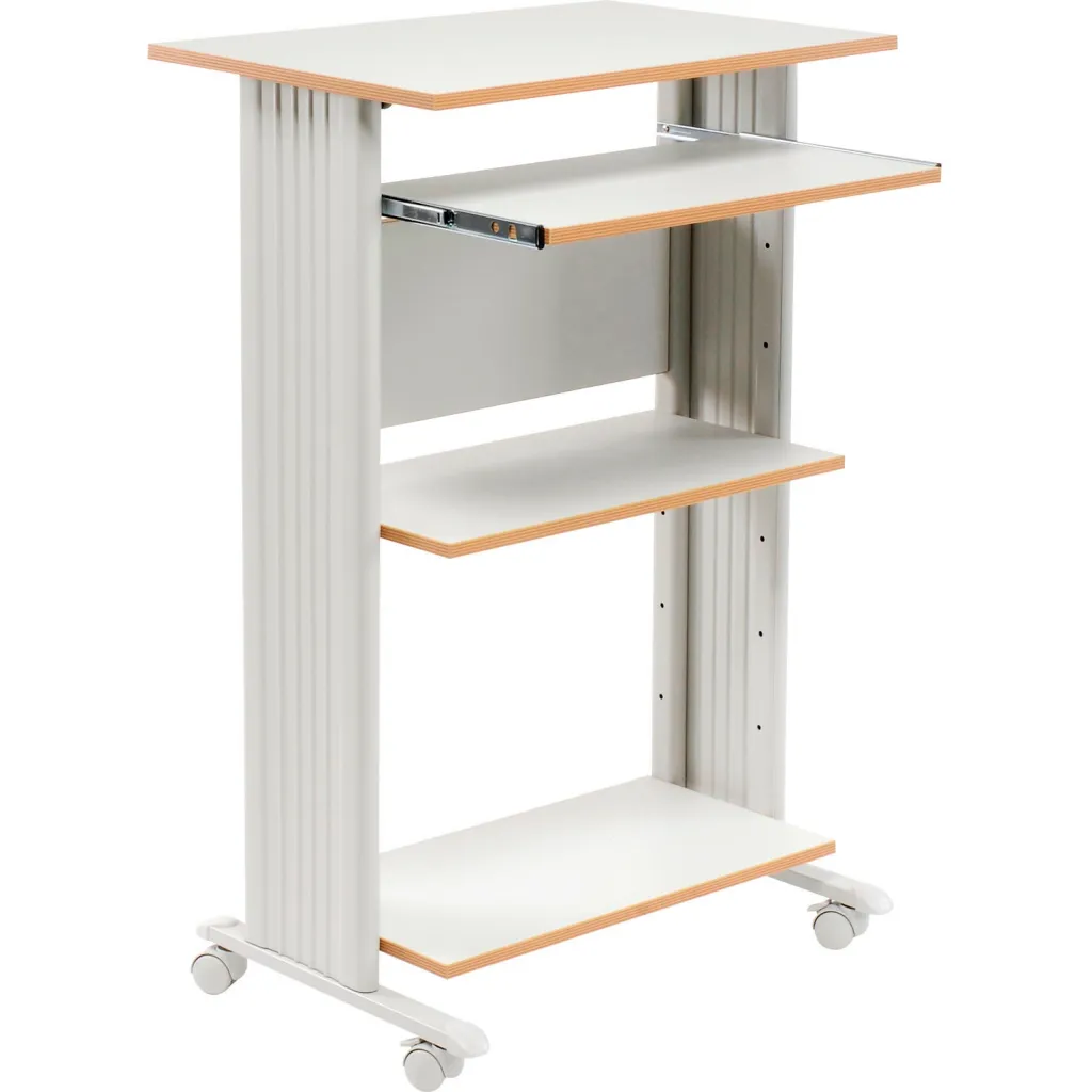 An empty workstation with three shelves.