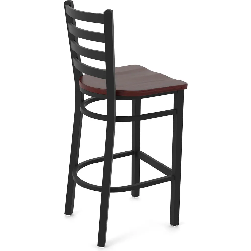 Bar stool with black metal frame and dark wood seat from side