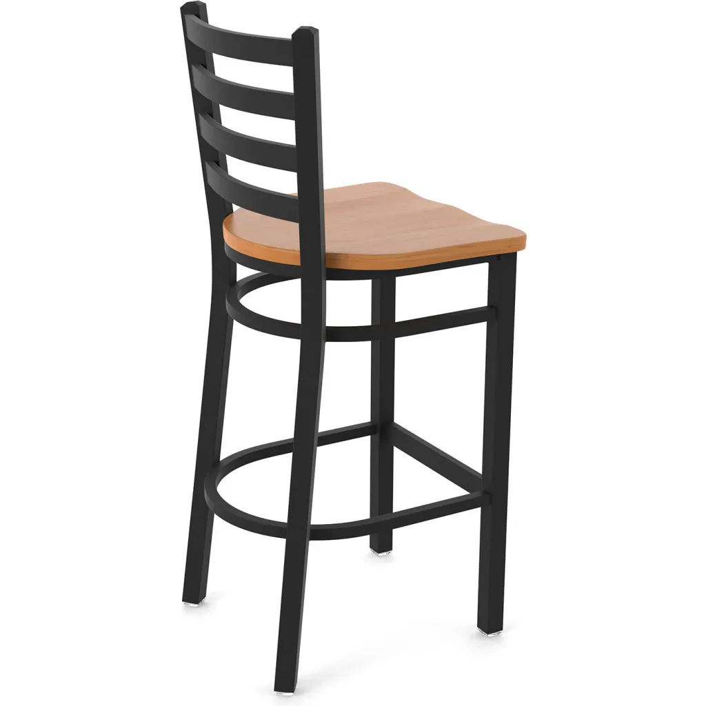 Black metal bar stool with wooden seat from behind