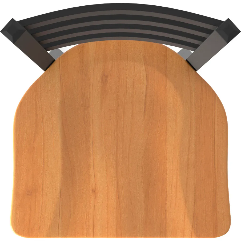 Top of wooden seat of black metal bar stool