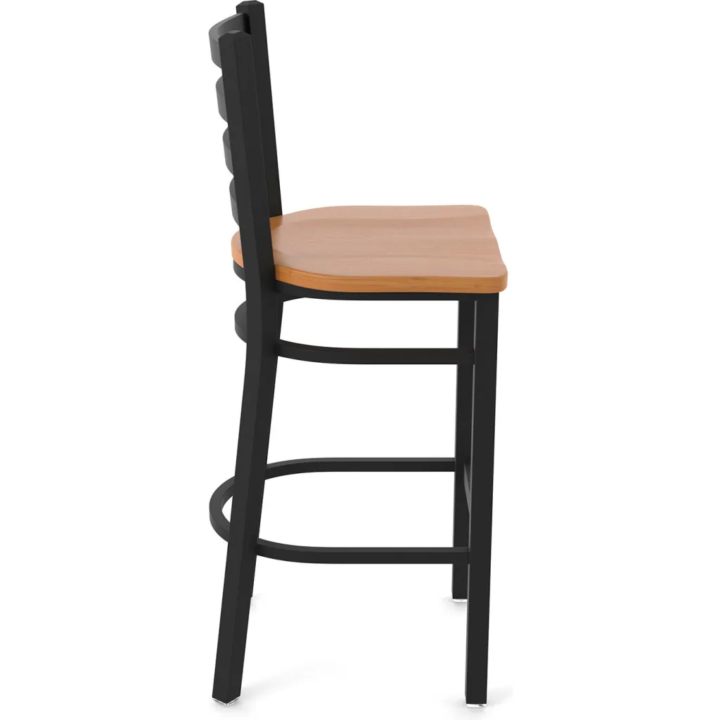 Black metal bar stool with wooden seat from side