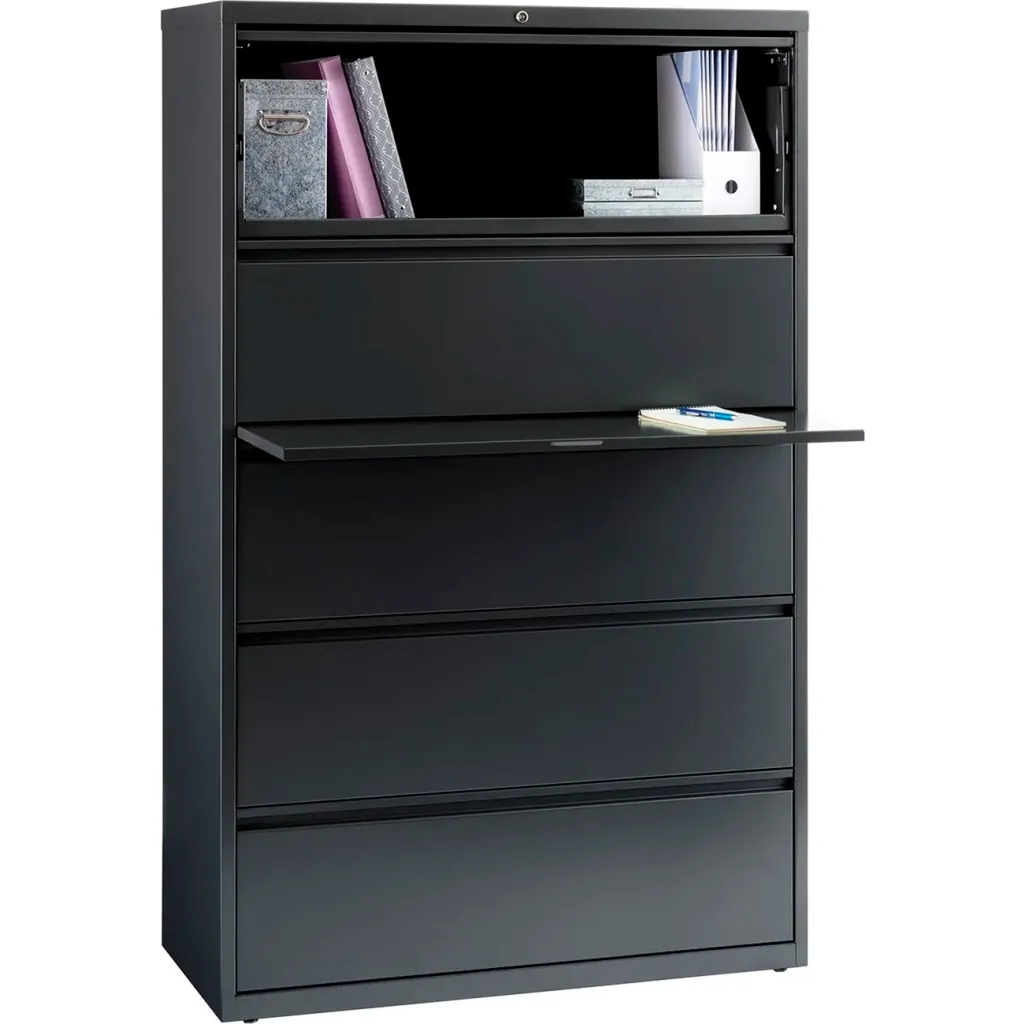 A black filing cabinet with one open drawer and one open shelf