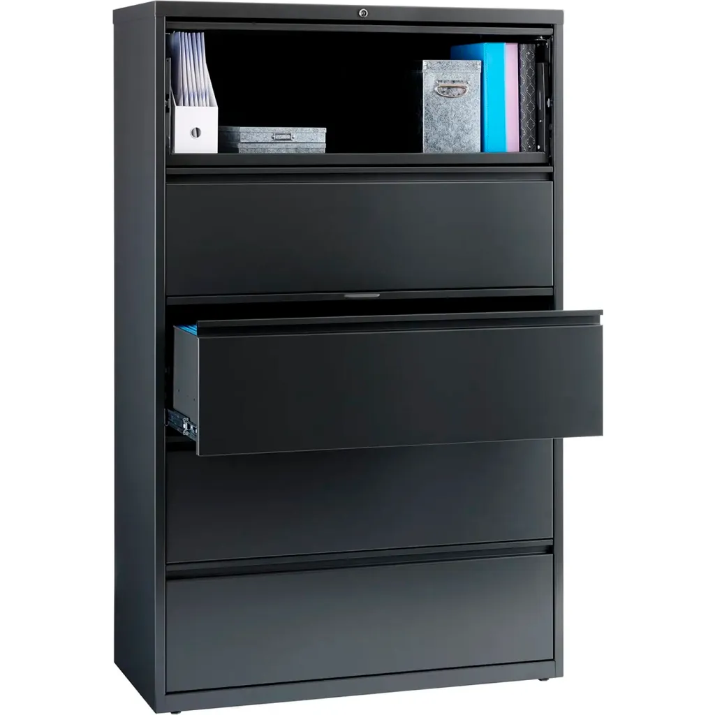 A black filing cabinet with one open drawer and one open shelf