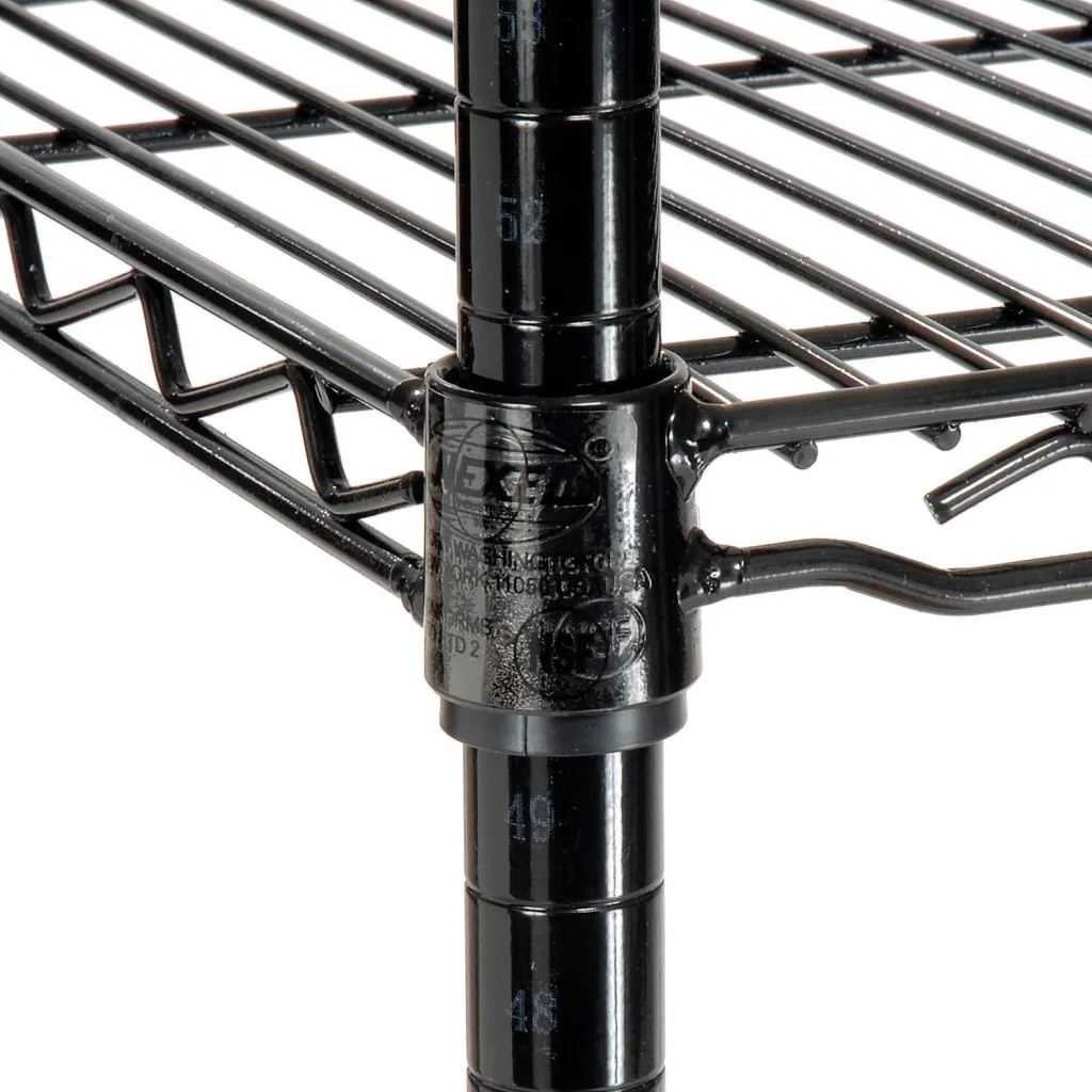 Close-up of black metal shelving joint