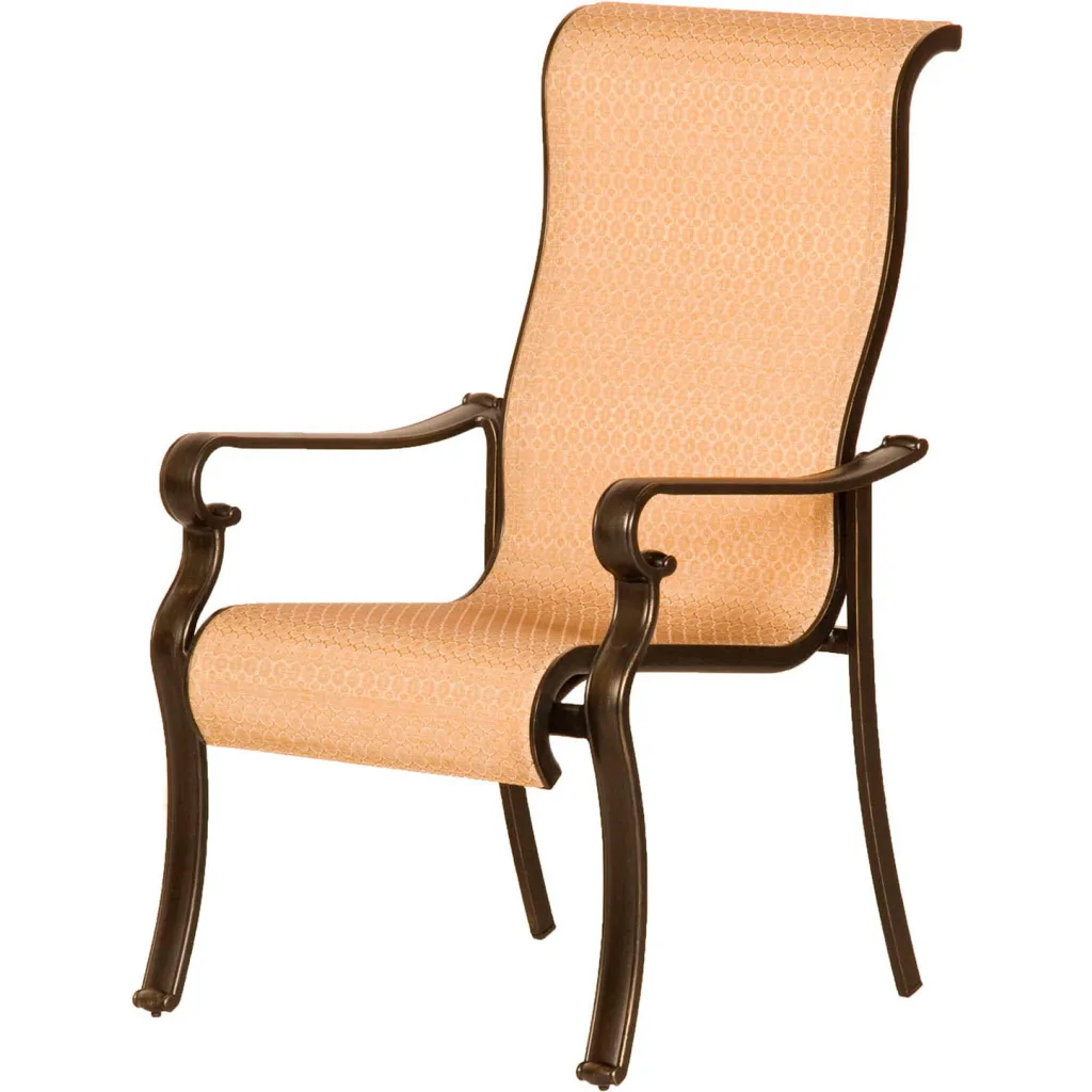 Single beige woven armchair with dark brown metal legs and curved armrests