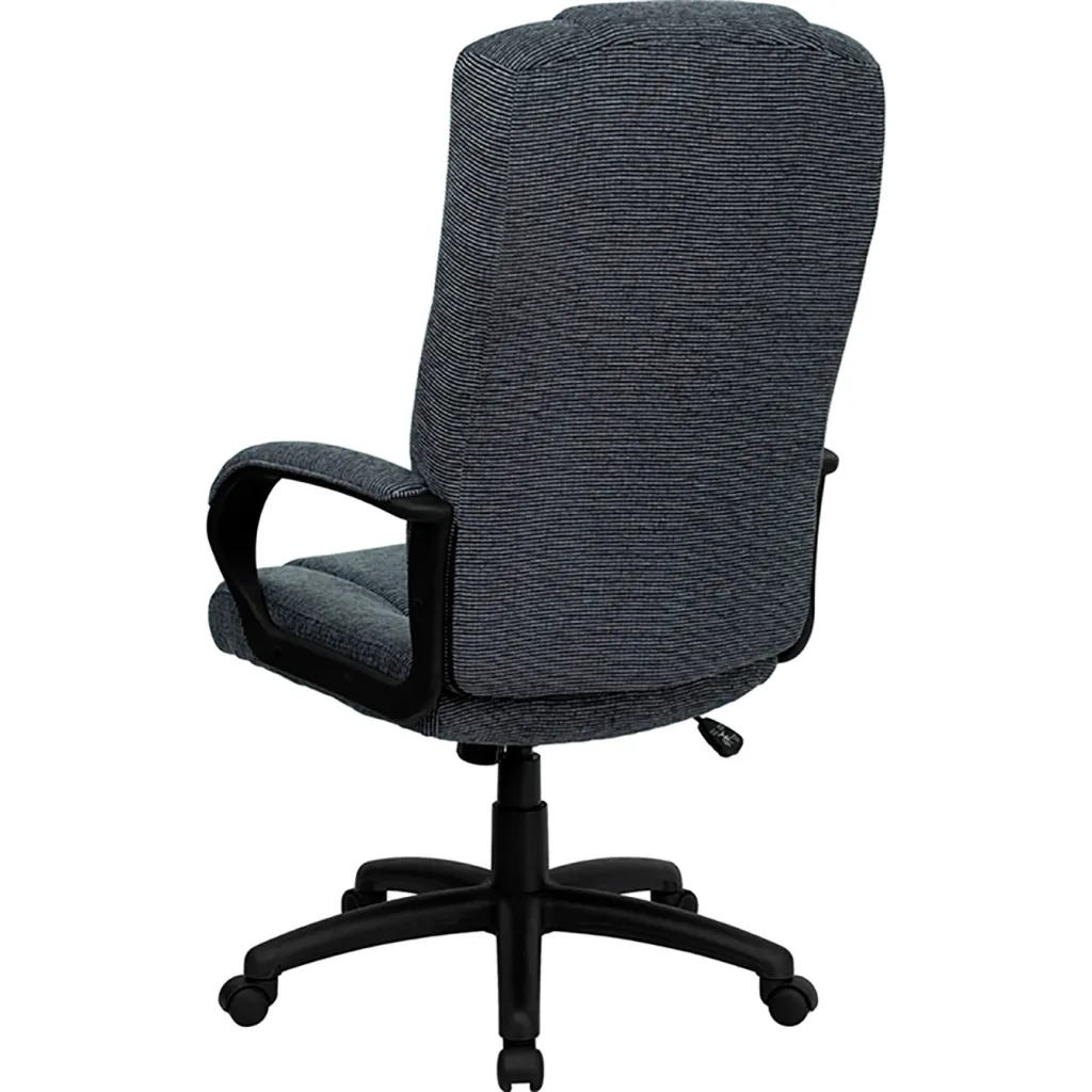 Back of gray office chair with black base and armrests