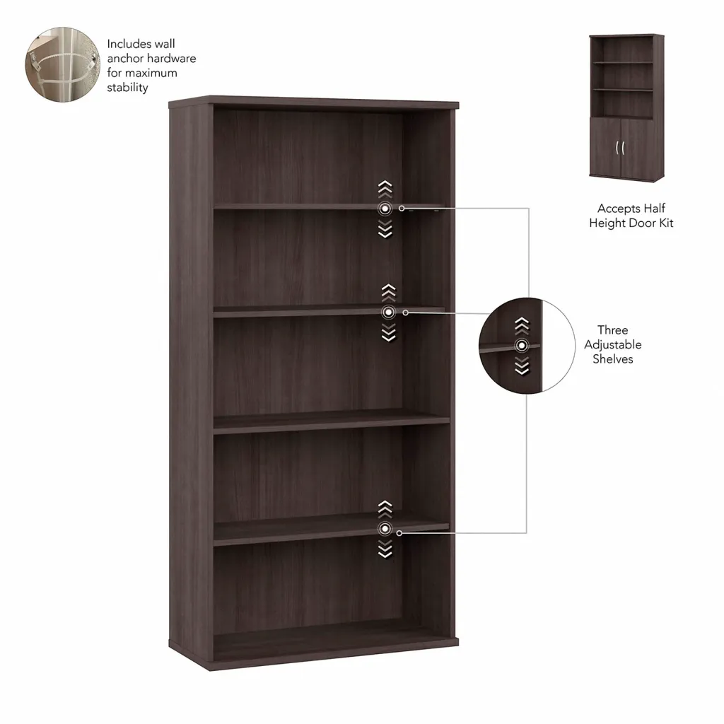 Brown wooden bookcase with 3 adjustable shelves and wall anchor hardware