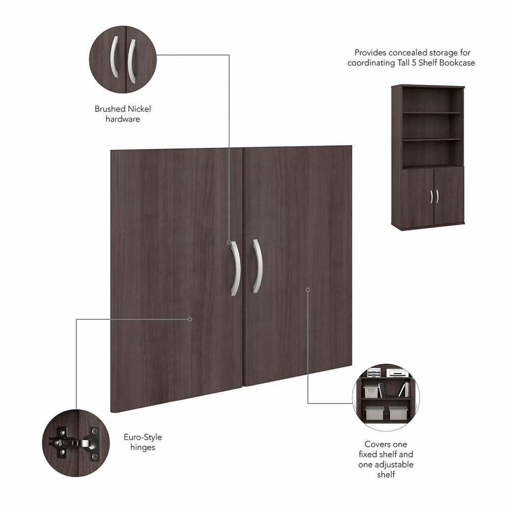 Brown wooden cabinet doors with brushed nickel hardware and Euro-style hinges