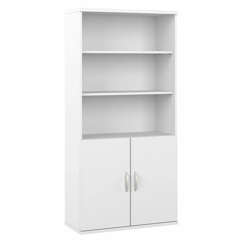 White storage unit with 3 shelves and 2 doors
