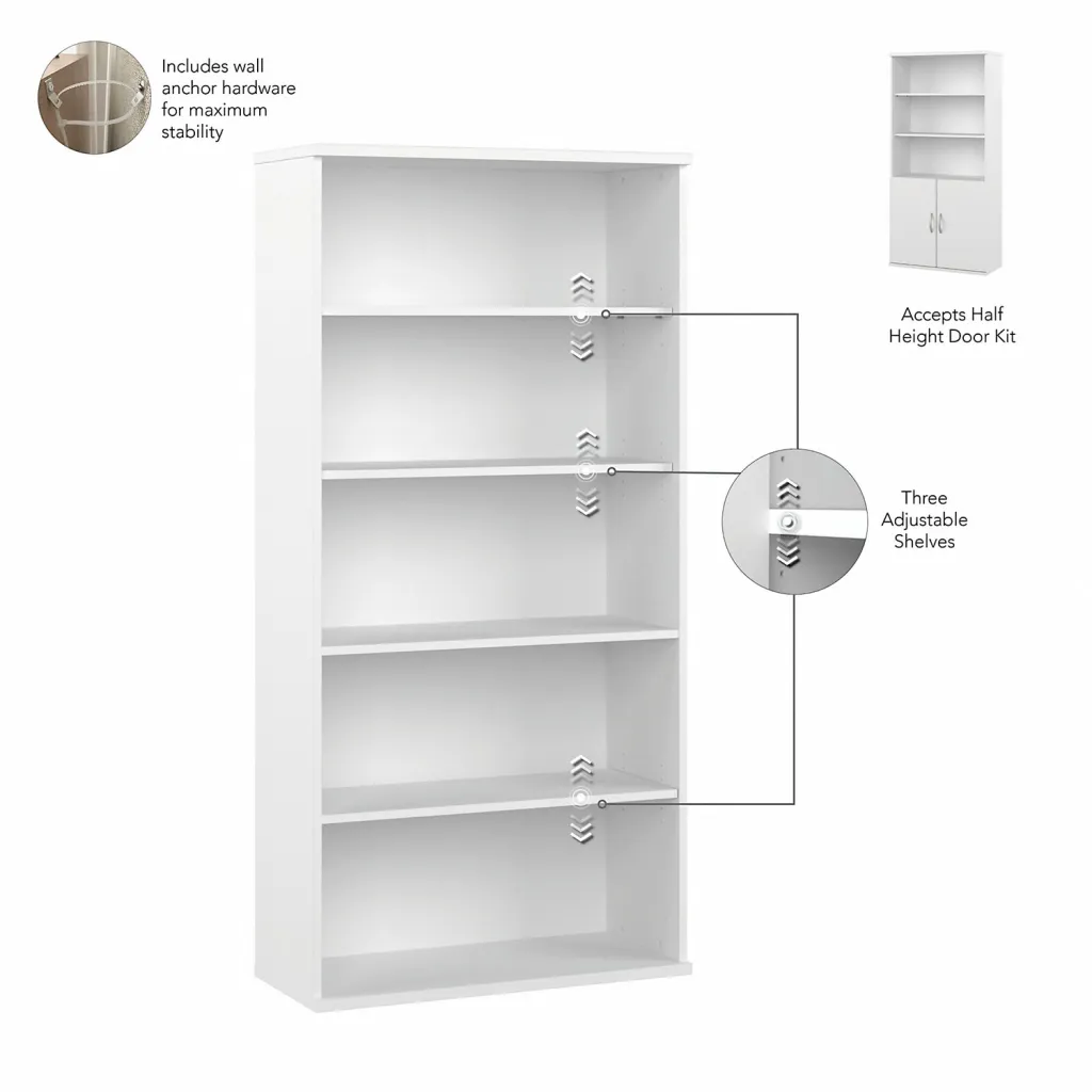 White storage unit with 3 adjustable shelves and wall anchor hardware