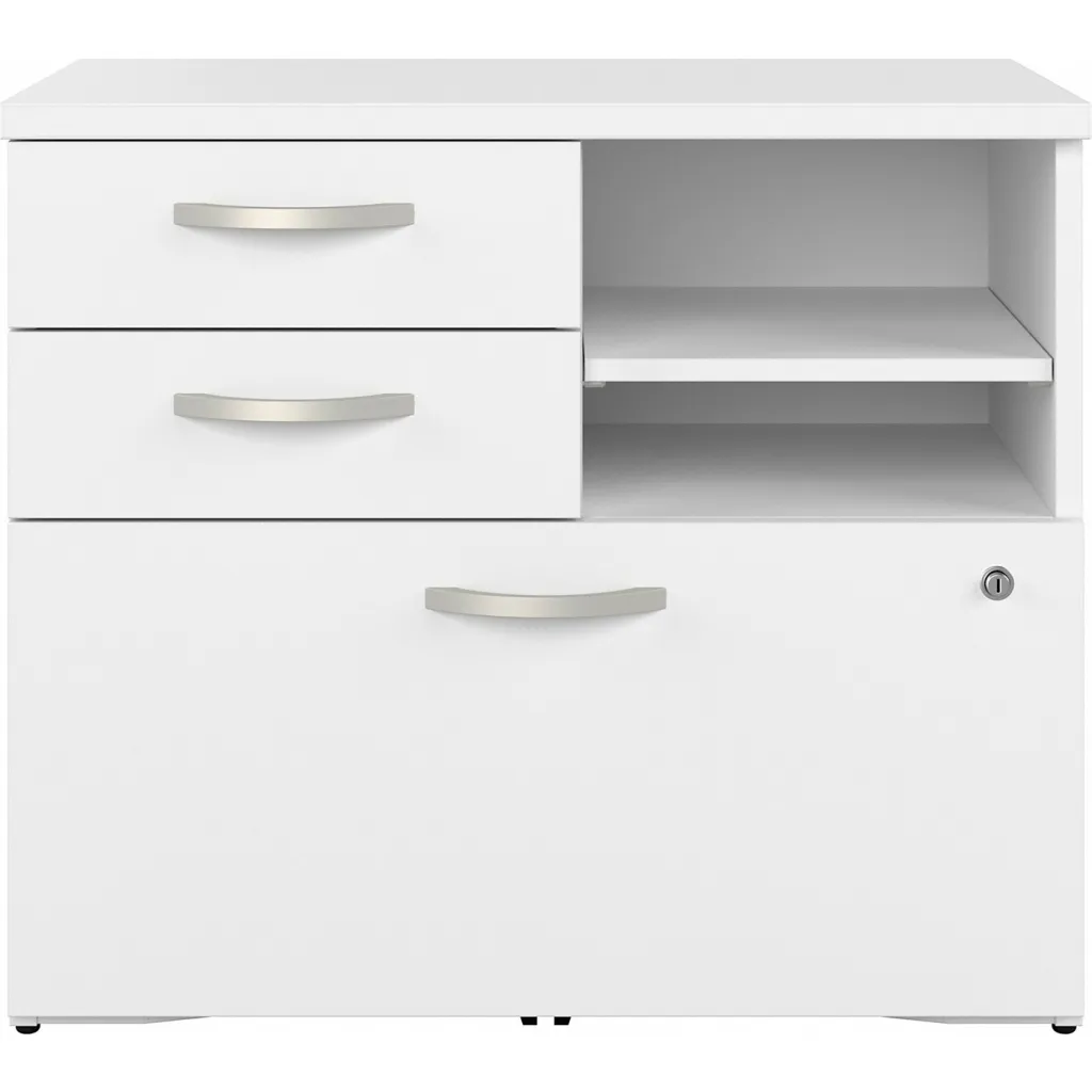 White cabinet with two drawers, one shelf, and one locked cabinet from the front