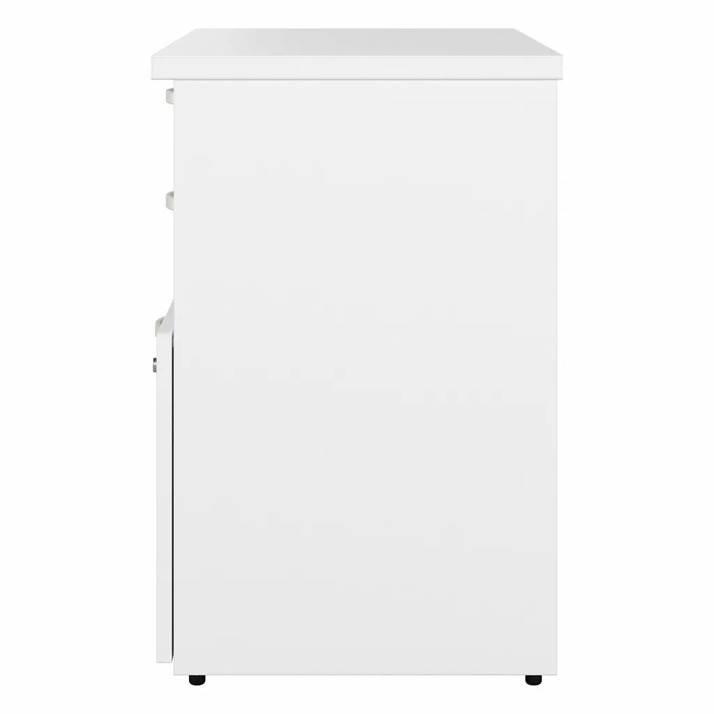 White cabinet with two drawers, one shelf, and one locked cabinet from the side
