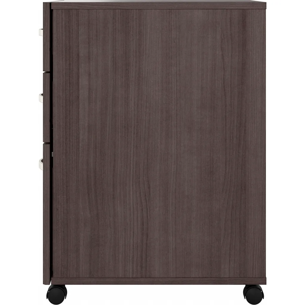 Side view of brown 3-drawer filing cabinet