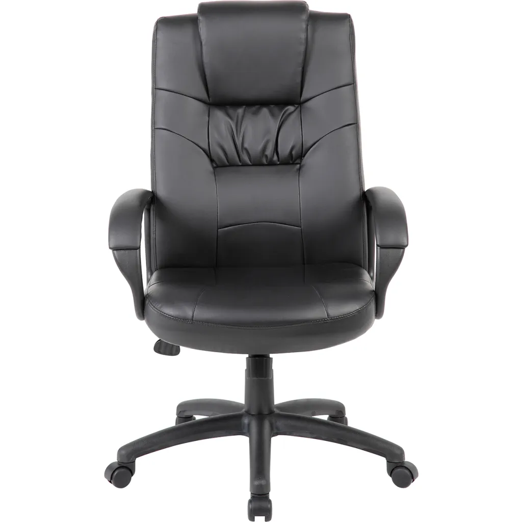 A black leather office chair with a high back and armrests, shown from the front.
