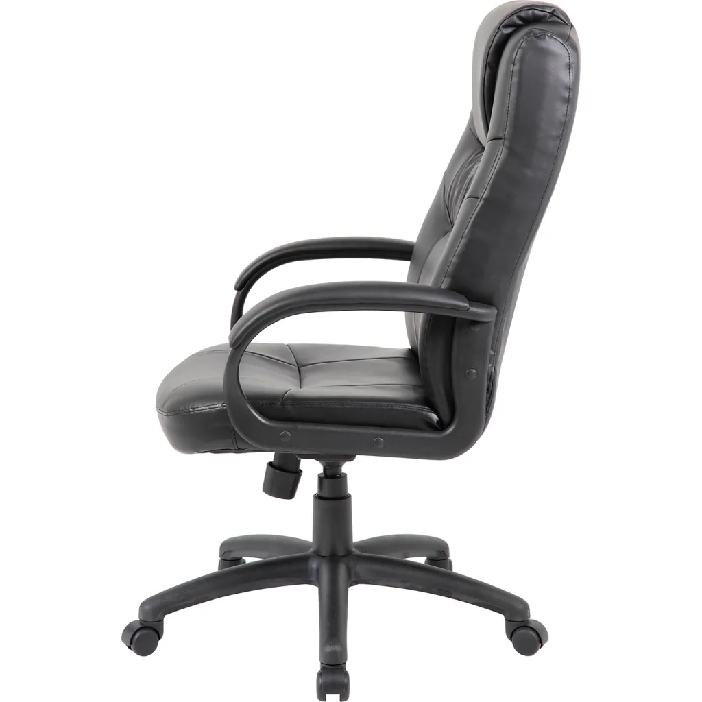 A black leather office chair with a high back and armrests, shown from the side.
