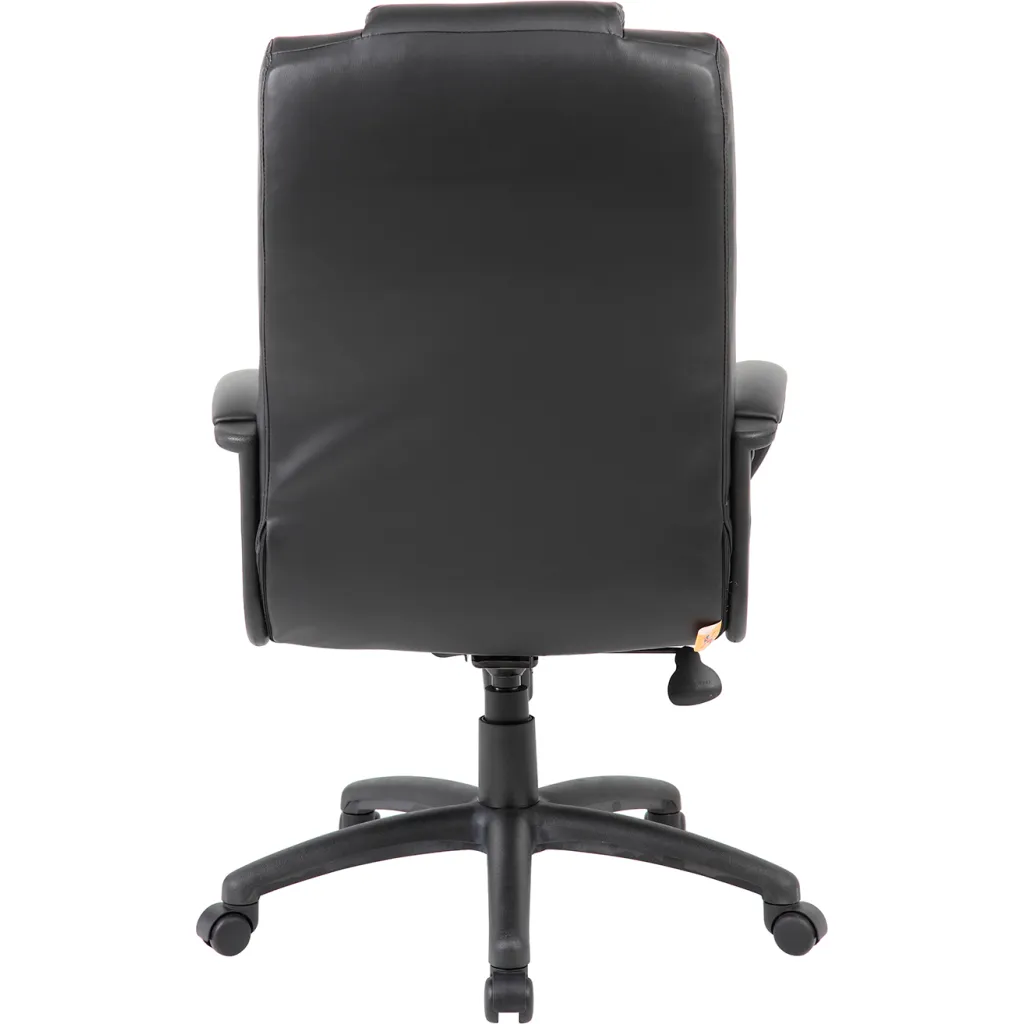 A black leather office chair with a high back and armrests, shown from the back.