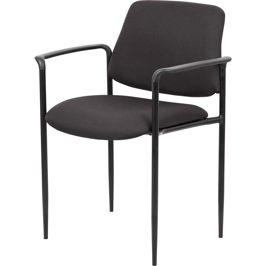 A black chair with a metal frame and cushioned seat and backrest.