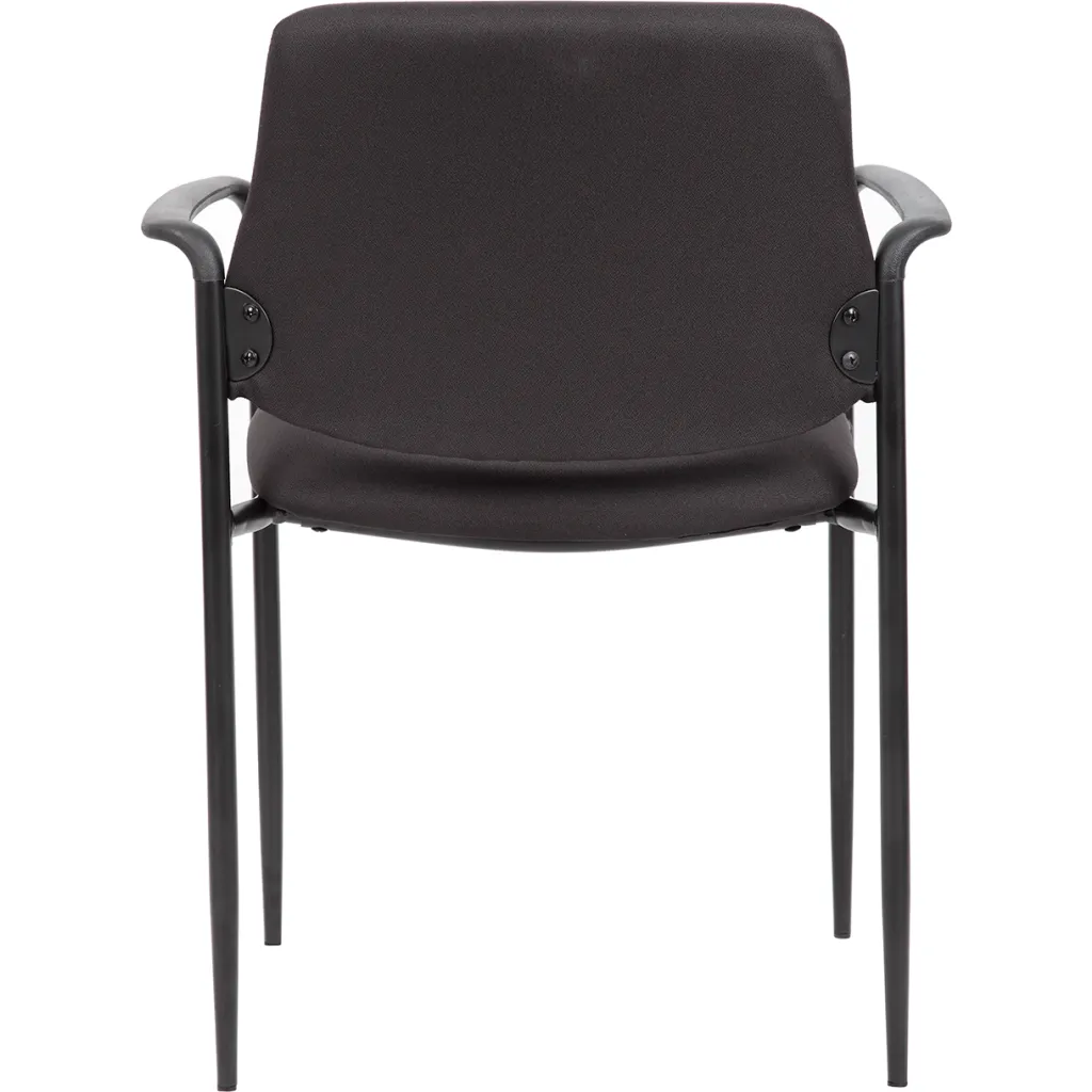 A black chair with a metal frame and cushioned seat and backrest.