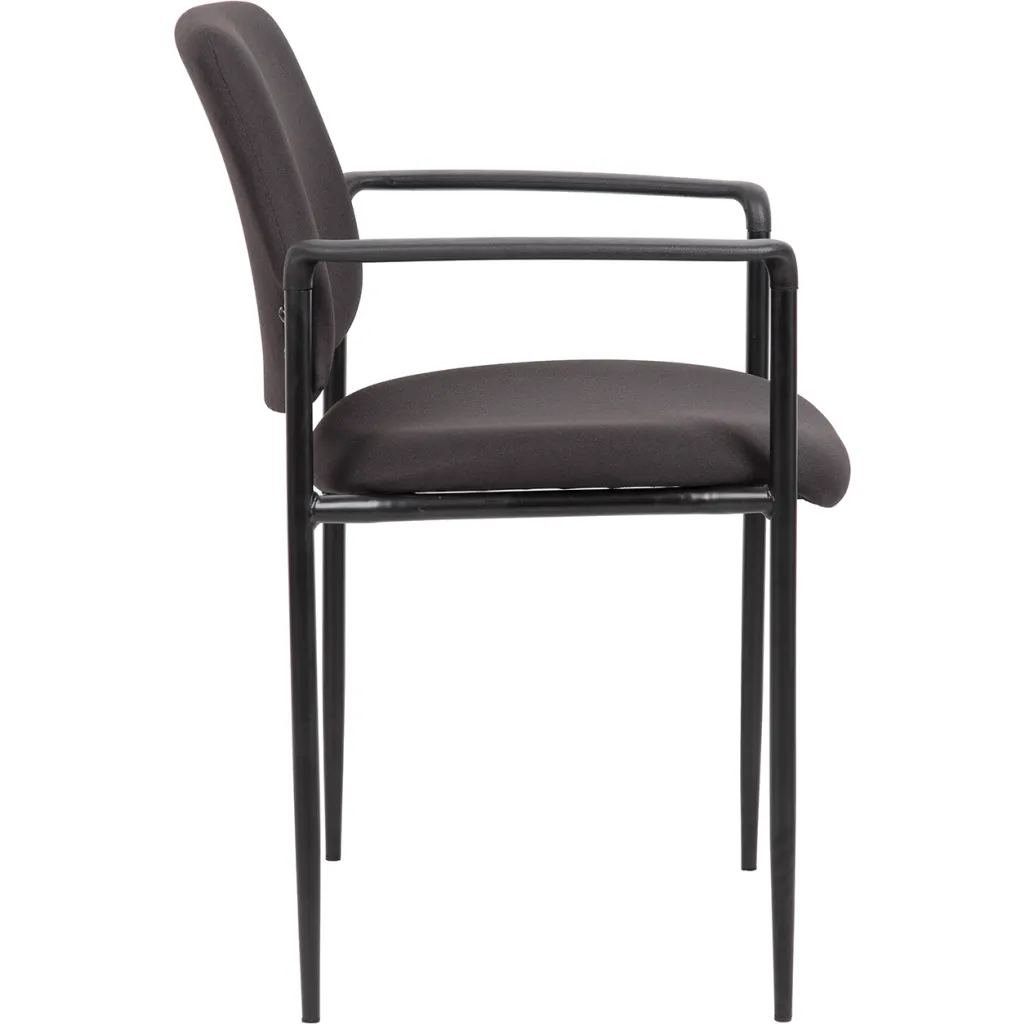 A black chair with a metal frame and cushioned seat and backrest.