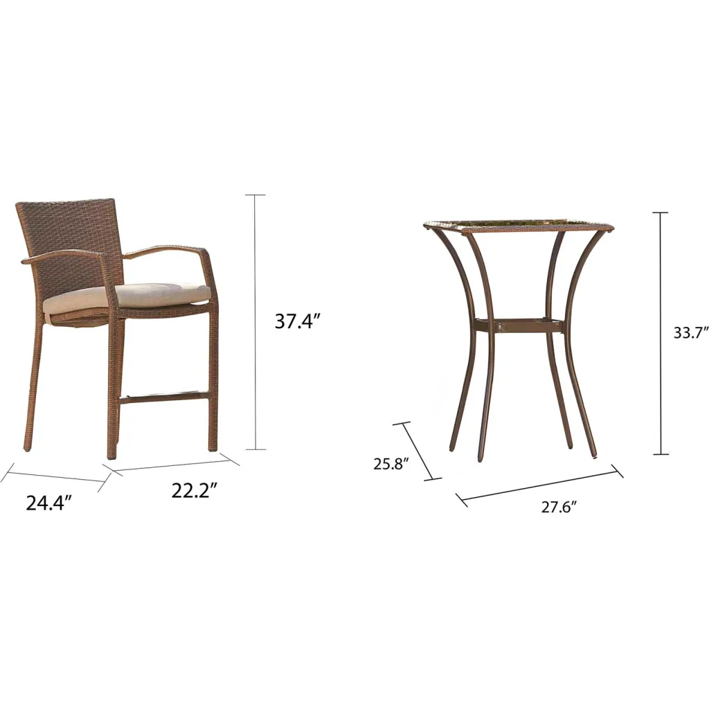 Dimensions of brown wicker bar height table and chair