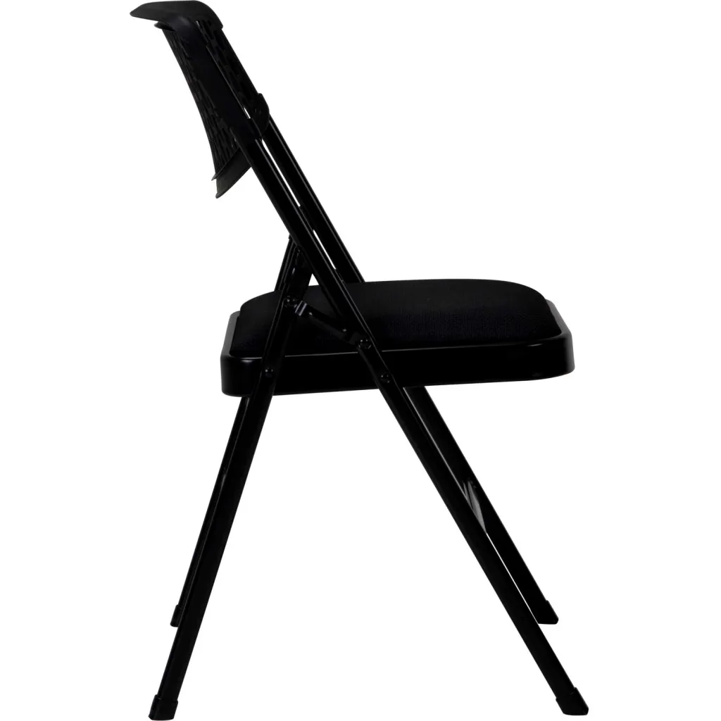 Black folding chair with mesh back and cushioned seat from side view
