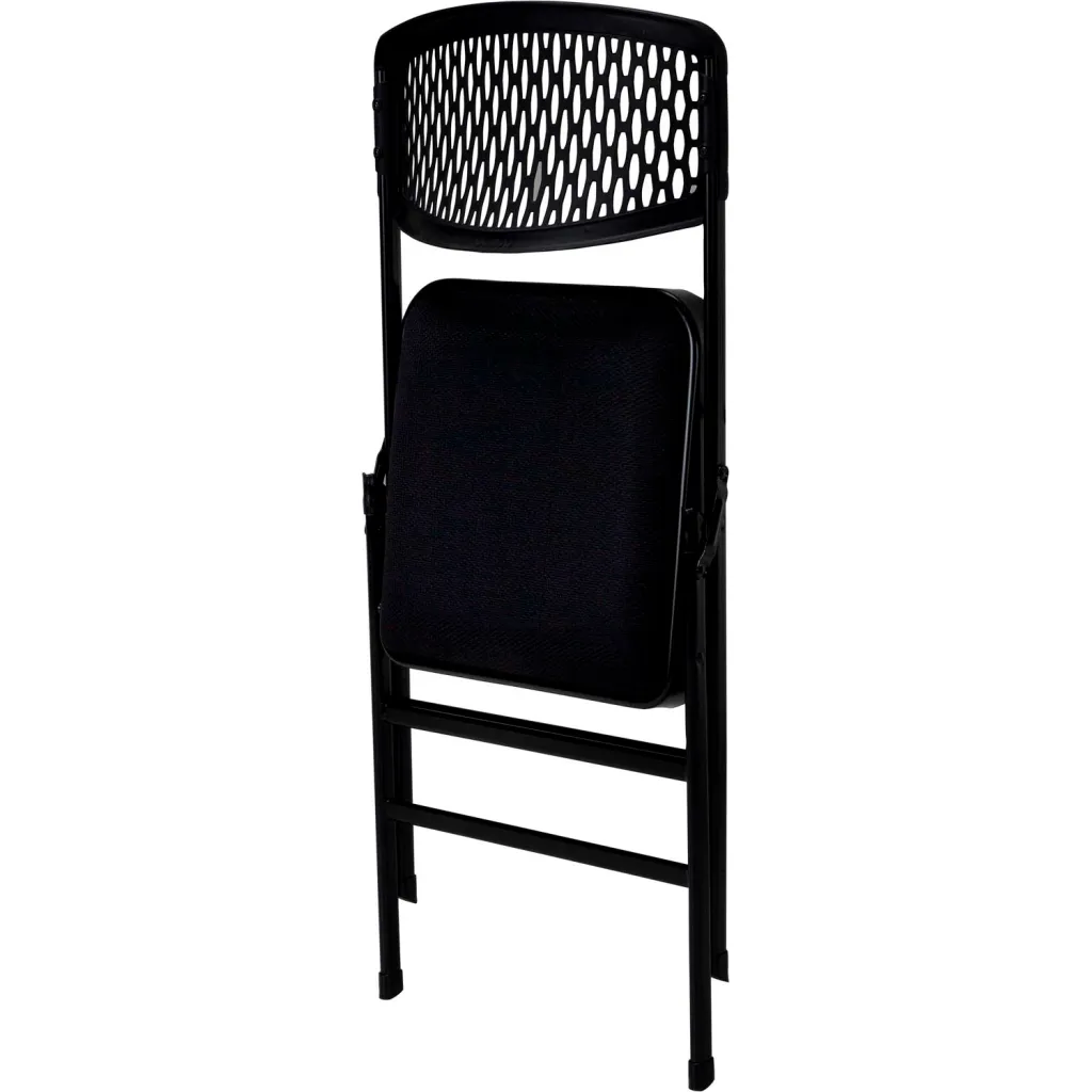 Black folding chair with mesh back and cushioned seat from rear view