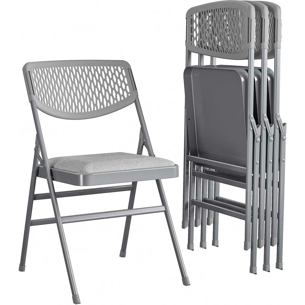 Stack of gray folding chairs