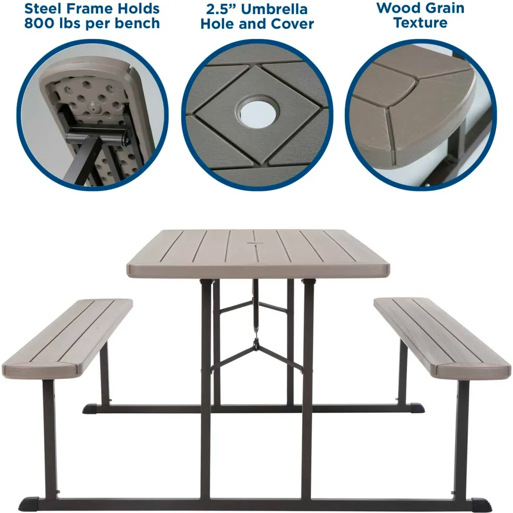 Folding picnic table with benches and close-up details