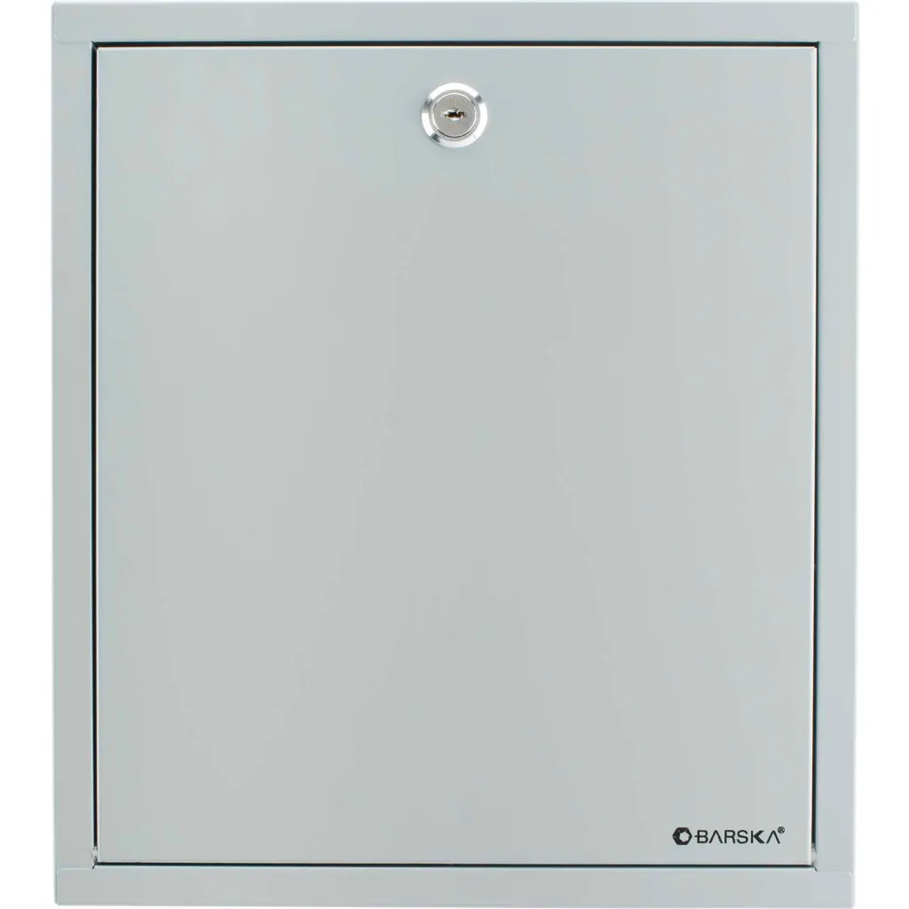 Gray metal mailbox door with keyhole and BARSKA logo