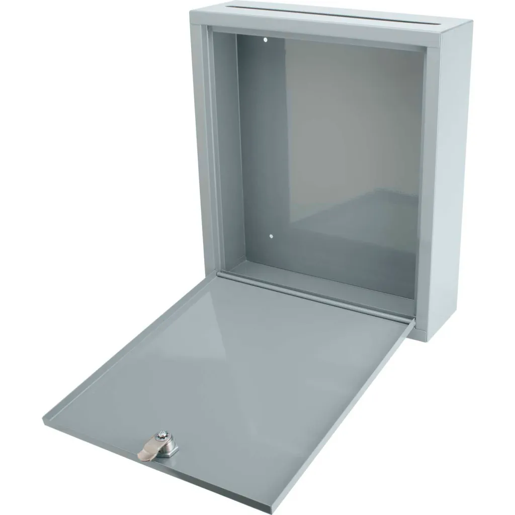 Gray metal mailbox with open door