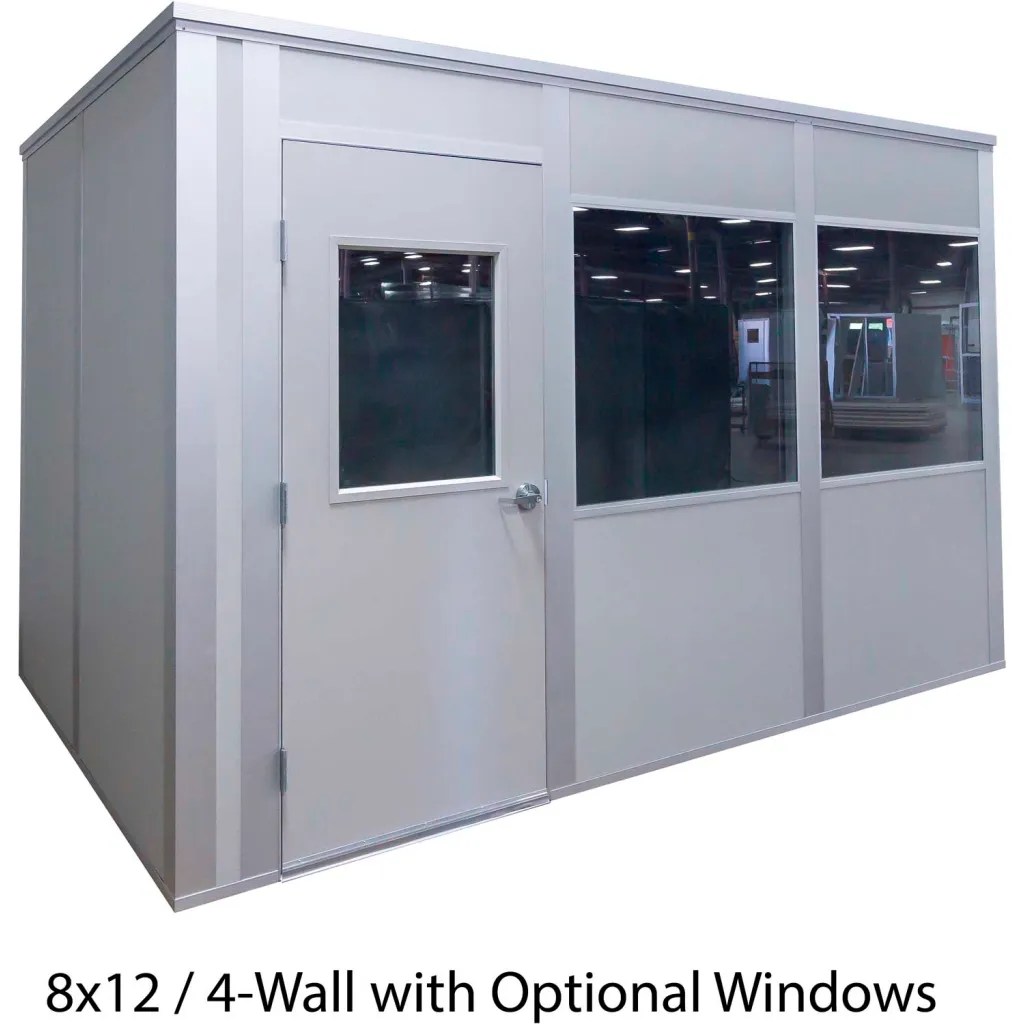 Front side showing large glass window panels and door of the modular unit, labeled as 8x12 / 4-Wall with Optional Windows.
