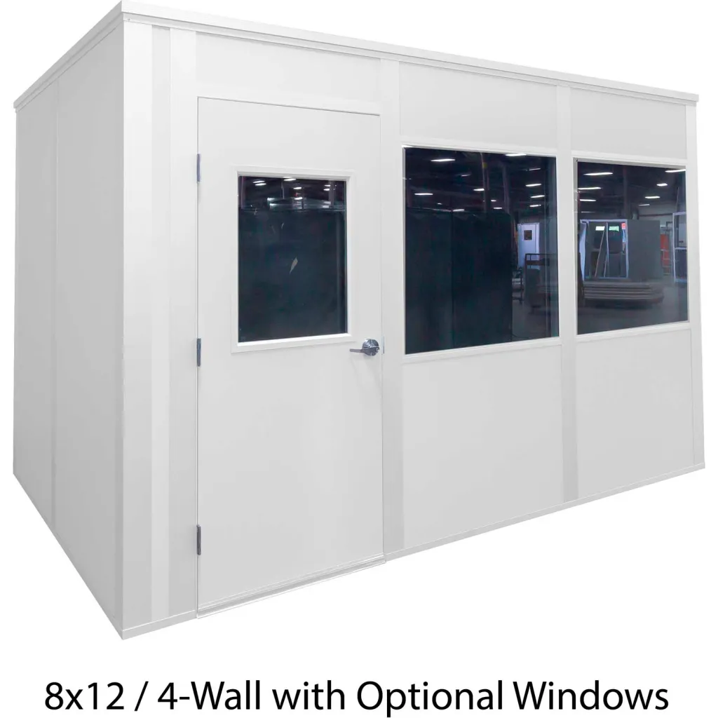 Front of white modular enclosure showing glass windowed wall panels and door with lever handle, 8x12/4-Wall with Optional Windows label.