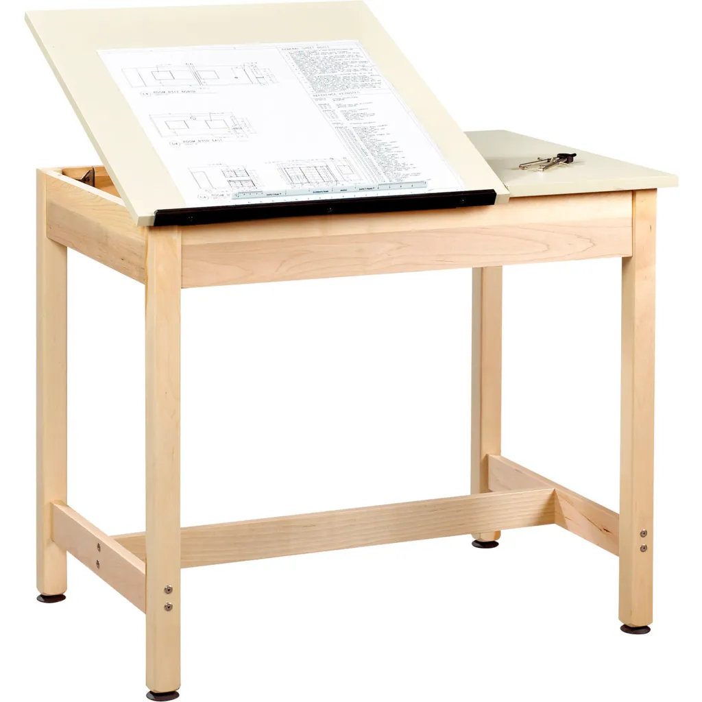 A wooden drafting table with a cream-colored top and a piece of paper on it