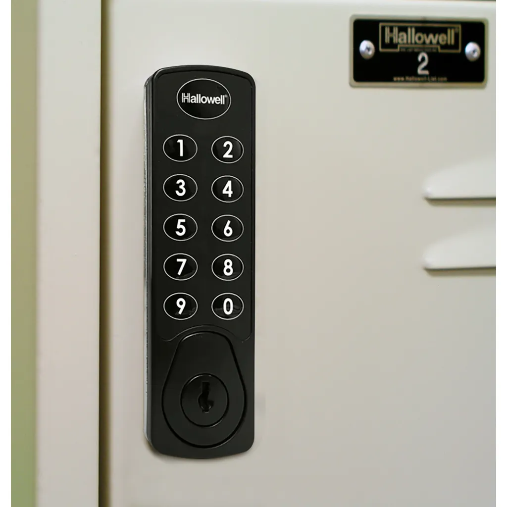 A close-up of a black keypad on a locker door, with white numbers and a small black label reading 'Hallowell' above it.