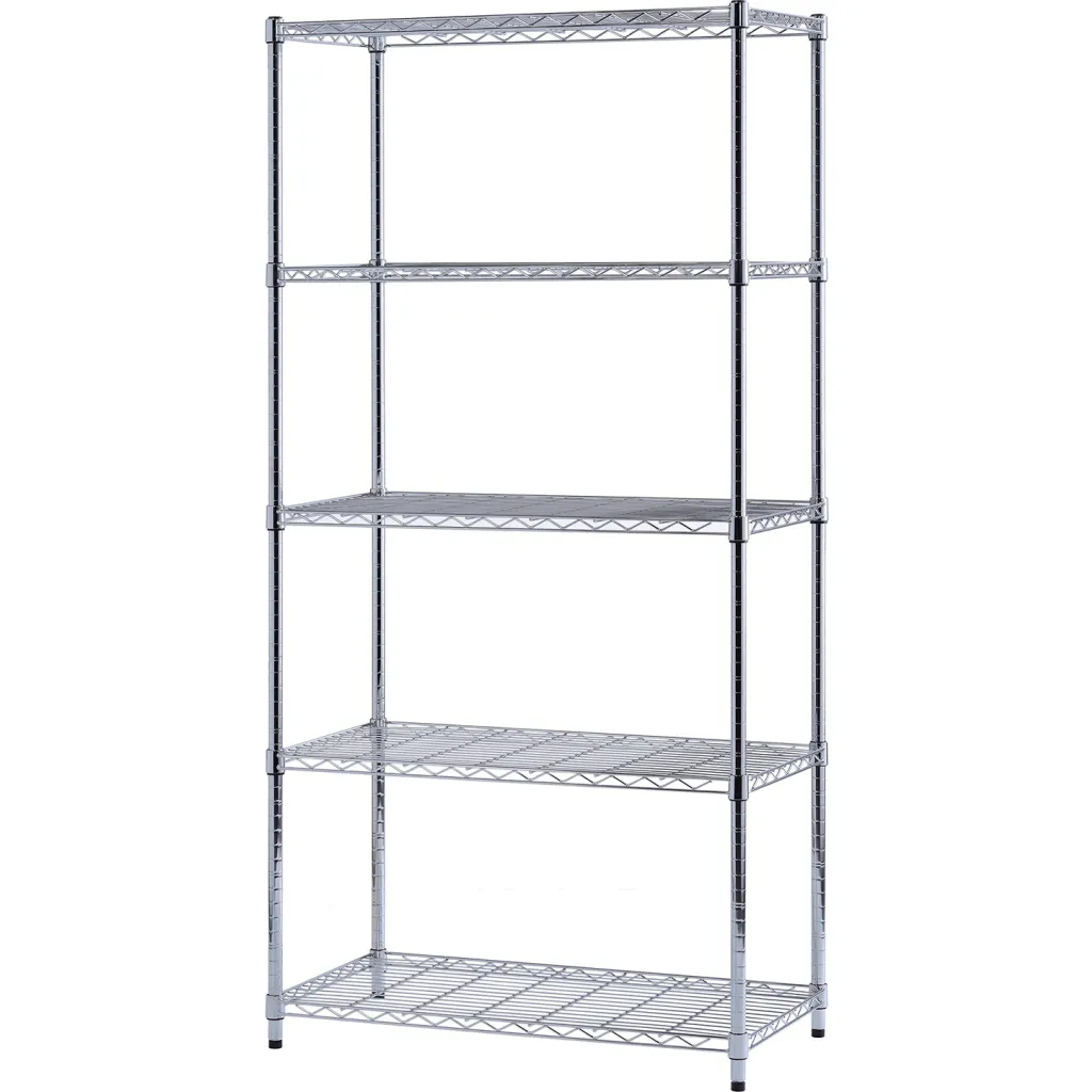Metal shelving unit with five shelves and wheels