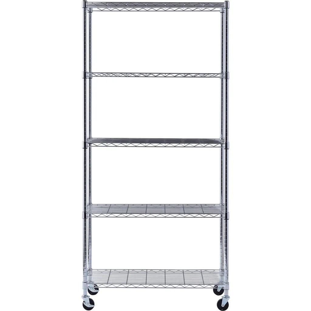 Metal shelving unit with five shelves and wheels