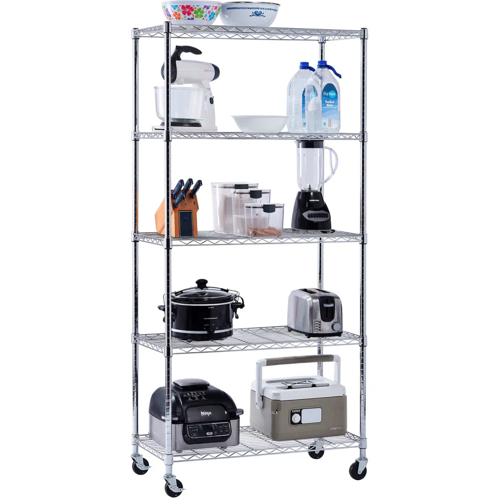 Metal shelving unit with five shelves and wheels, loaded with kitchen appliances and food storage