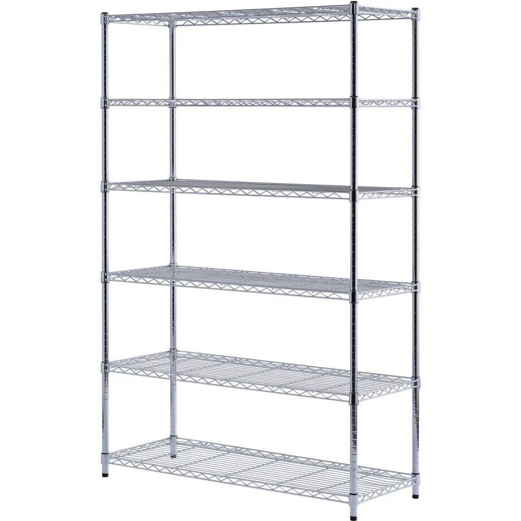 Metal shelving unit with six shelves
