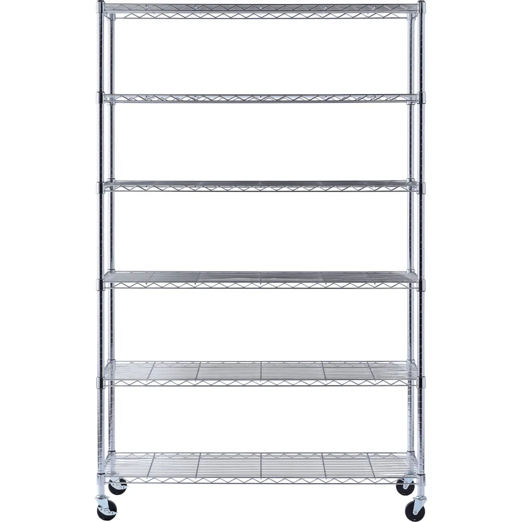 Metal shelving unit with five shelves and wheels
