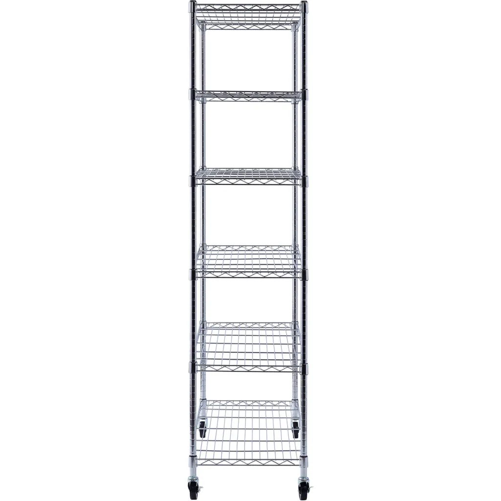 Metal shelving unit with six shelves and wheels