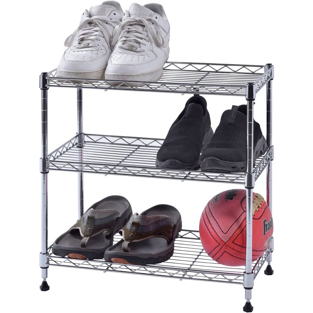 Three-tier metal shelving unit with silver frame and black feet, holding shoes and basketball